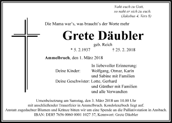 Traueranzeige von Grete Däubler von Dinkelsbuhl/ Feuchtwangen