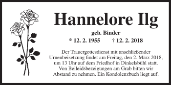 Traueranzeige von Hannelore Ilg von Dinkelsbühl/ Feuchtwangen