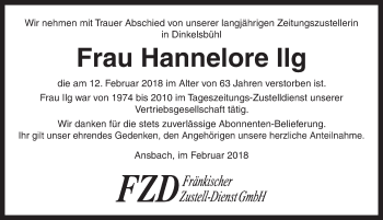 Traueranzeige von Hannelore Ilg von Dinkelsbuhl/ Feuchtwangen