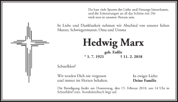 Traueranzeige von Hedwig Marx von Dinkelsbühl/ Feuchtwangen