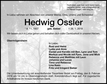 Traueranzeige von Hedwig Ossler von Dinkelsbühl/ Feuchtwangen