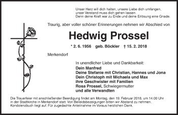 Traueranzeige von Hedwig Prossel von Ansbach