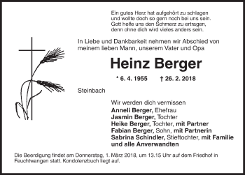 Traueranzeige von Heinz Berger von Dinkelsbuhl/ Feuchtwangen