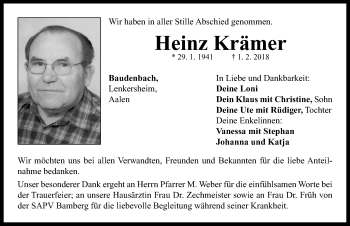 Traueranzeige von Heinz Krämer von Neustadt/ Scheinfeld/ Uffenheim