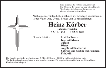 Traueranzeige von Heinz Körber von Ansbach