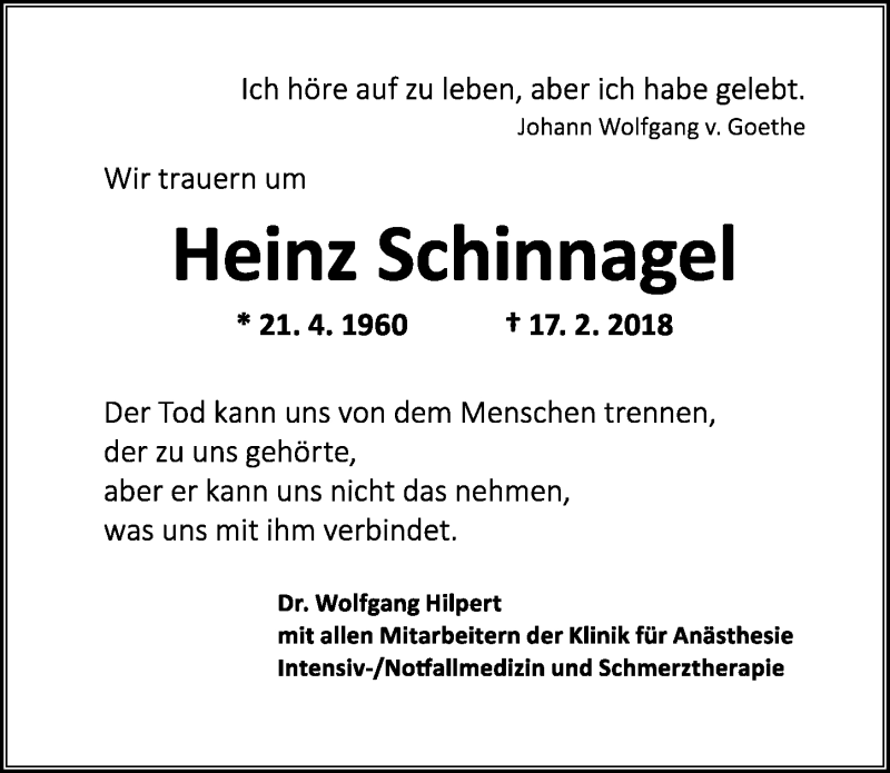  Traueranzeige für Heinz Schinnagel vom 01.03.2018 aus Rothenburg