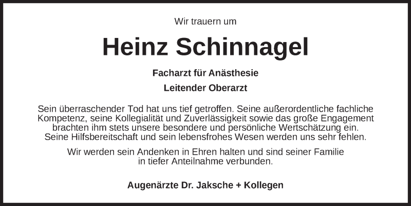  Traueranzeige für Heinz Schinnagel vom 01.03.2018 aus Ansbach