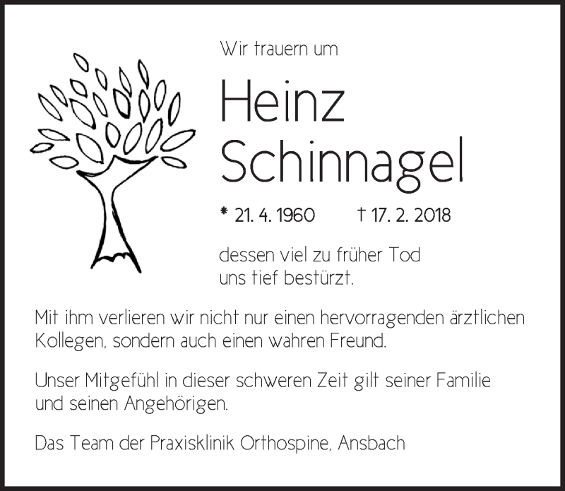  Traueranzeige für Heinz Schinnagel vom 01.03.2018 aus Ansbach