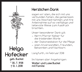 Traueranzeige von Helga Hofeck von Dinkelsbühl/ Feuchtwangen