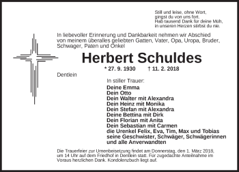 Traueranzeige von Herbert Schuldes von Dinkelsbuhl/ Feuchtwangen