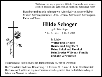 Traueranzeige von Hilde Schoger von Rothenburg