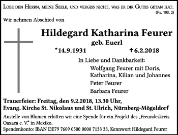 Traueranzeige von Hildegard Katharina Feurer von Dinkelsbühl/ Feuchtwangen