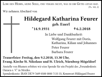 Traueranzeige von Hildegard Katharina Feurer von Ansbach