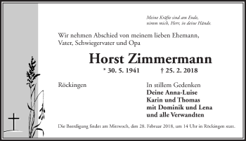 Traueranzeige von Horst Zimmermann von Dinkelsbühl/ Feuchtwangen