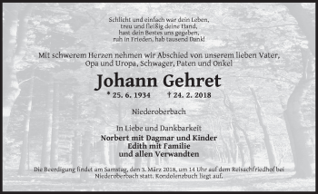 Traueranzeige von Johann Gehret von Dinkelsbuhl/ Feuchtwangen