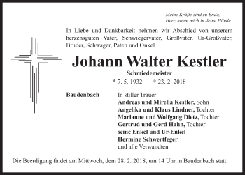 Traueranzeige von Johann Walter Kestler von Neustadt/ Scheinfeld/ Uffenheim