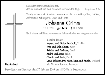 Traueranzeige von Johanna Grimm von Neustadt/ Scheinfeld/ Uffenheim