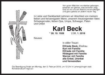 Traueranzeige von Karl Beck von Dinkelsbuhl/ Feuchtwangen