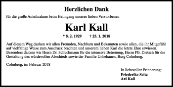 Traueranzeige von Karl Kall von Rothenburg