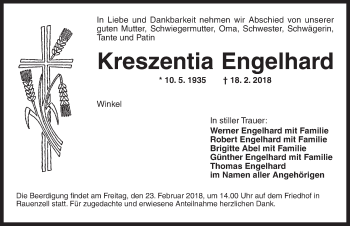 Traueranzeige von Kreszentia Engelhard von Ansbach