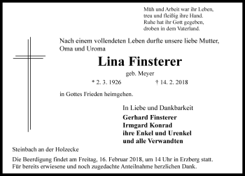 Traueranzeige von Lina Finsterer von Rothenburg