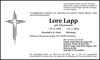 Traueranzeige von Lore Lapp von Neustadt/ Scheinfeld/ Uffenheim