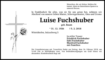 Traueranzeige von Luise Fuchshuber von Dinkelsbühl/ Feuchtwangen