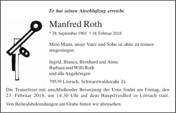 Traueranzeige von Manfred Roth von Ansbach