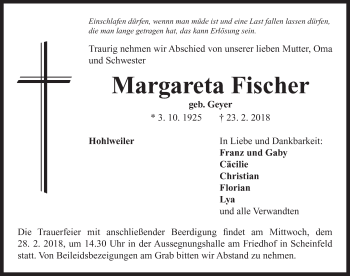 Traueranzeige von Margareta Fischer von Neustadt/ Scheinfeld/ Uffenheim