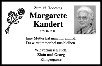 Traueranzeige von Margarete Kandert von Rothenburg