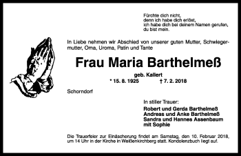 Traueranzeige von Maria Barthelmeß von Rothenburg