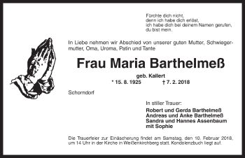 Traueranzeige von Maria Barthelmeß von Ansbach