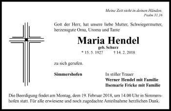 Traueranzeige von Maria Hendel von Neustadt/ Scheinfeld/ Uffenheim