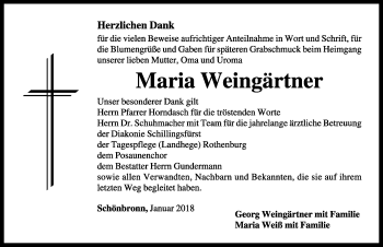 Traueranzeige von Maria Weingärtner von Rothenburg