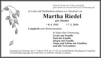 Traueranzeige von Martha Riedel von Dinkelsbühl/ Feuchtwangen