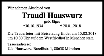 Traueranzeige von Traudl Hauswurz von Rothenburg