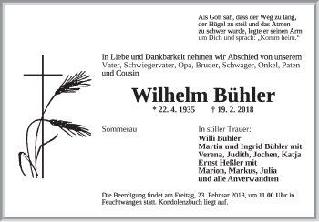 Traueranzeige von Wilhelm Bühler von Dinkelsbühl/ Feuchtwangen