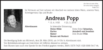 Traueranzeige von Andreas Popp von Neustadt/ Scheinfeld/ Uffenheim