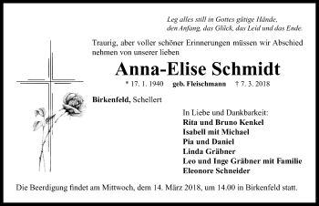 Traueranzeige von Anna-Elise Schmidt von Neustadt/ Scheinfeld/ Uffenheim