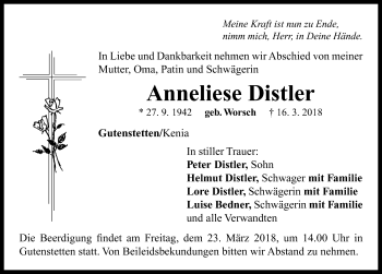 Traueranzeige von Anneliese Distler von Neustadt/ Scheinfeld/ Uffenheim