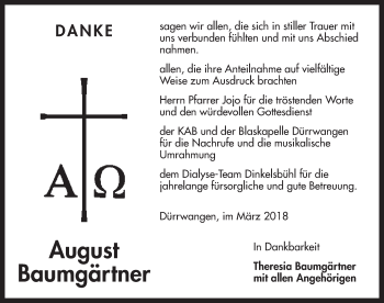 Traueranzeige von August Baumgärtner von Dinkelsbuhl/ Feuchtwangen