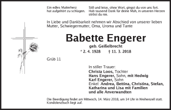 Traueranzeige von Babette Engerer von Ansbach