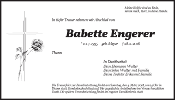 Traueranzeige von Babette Engerer von Dinkelsbuhl/ Feuchtwangen