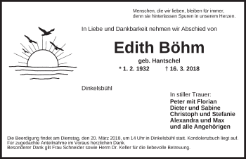 Traueranzeige von Edith Böhm von Dinkelsbühl/ Feuchtwangen