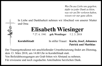 Traueranzeige von Elisabeth Wiesinger von Neustadt/ Scheinfeld/ Uffenheim