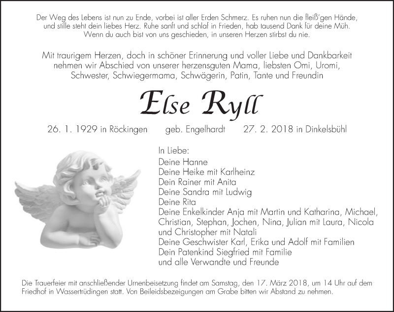  Traueranzeige für Else Ryll vom 10.03.2018 aus Dinkelsbühl/ Feuchtwangen