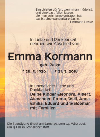 Traueranzeige von Emma Kormann von Dinkelsbuhl/ Feuchtwangen