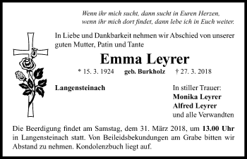 Traueranzeige von Emma Leyrer von Neustadt/ Scheinfeld/ Uffenheim