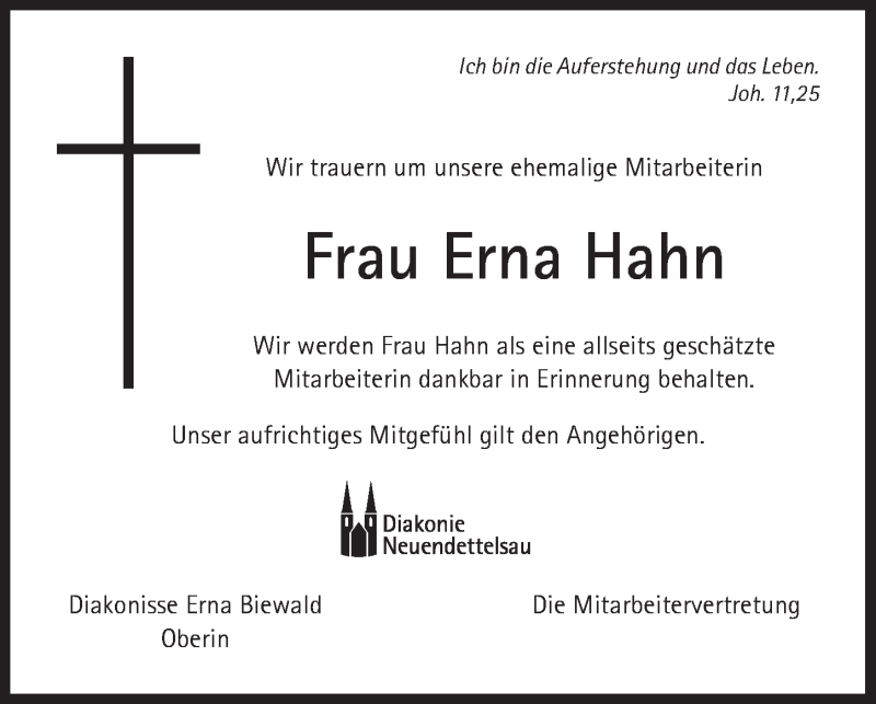  Traueranzeige für Erna Hahn vom 24.03.2018 aus Ansbach