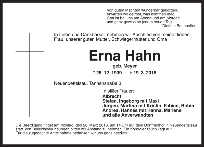  Traueranzeige für Erna Hahn vom 24.03.2018 aus Ansbach